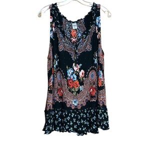 Bila Lightweight Floral Tank with Ties at V-Neck. Ruffled Edge Neck & Ruffle Hem